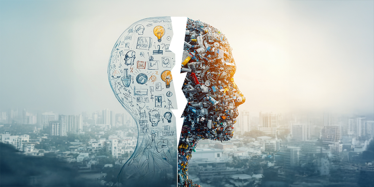 Conceptual image symbolizing the struggle between creative ideas